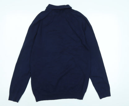 Marks & Spencer Mens Blue Collared Cotton Pullover Jumper Size M Long Sleeve