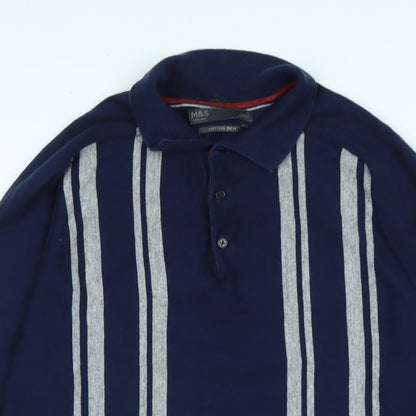 Marks & Spencer Mens Blue Collared Cotton Pullover Jumper Size M Long Sleeve