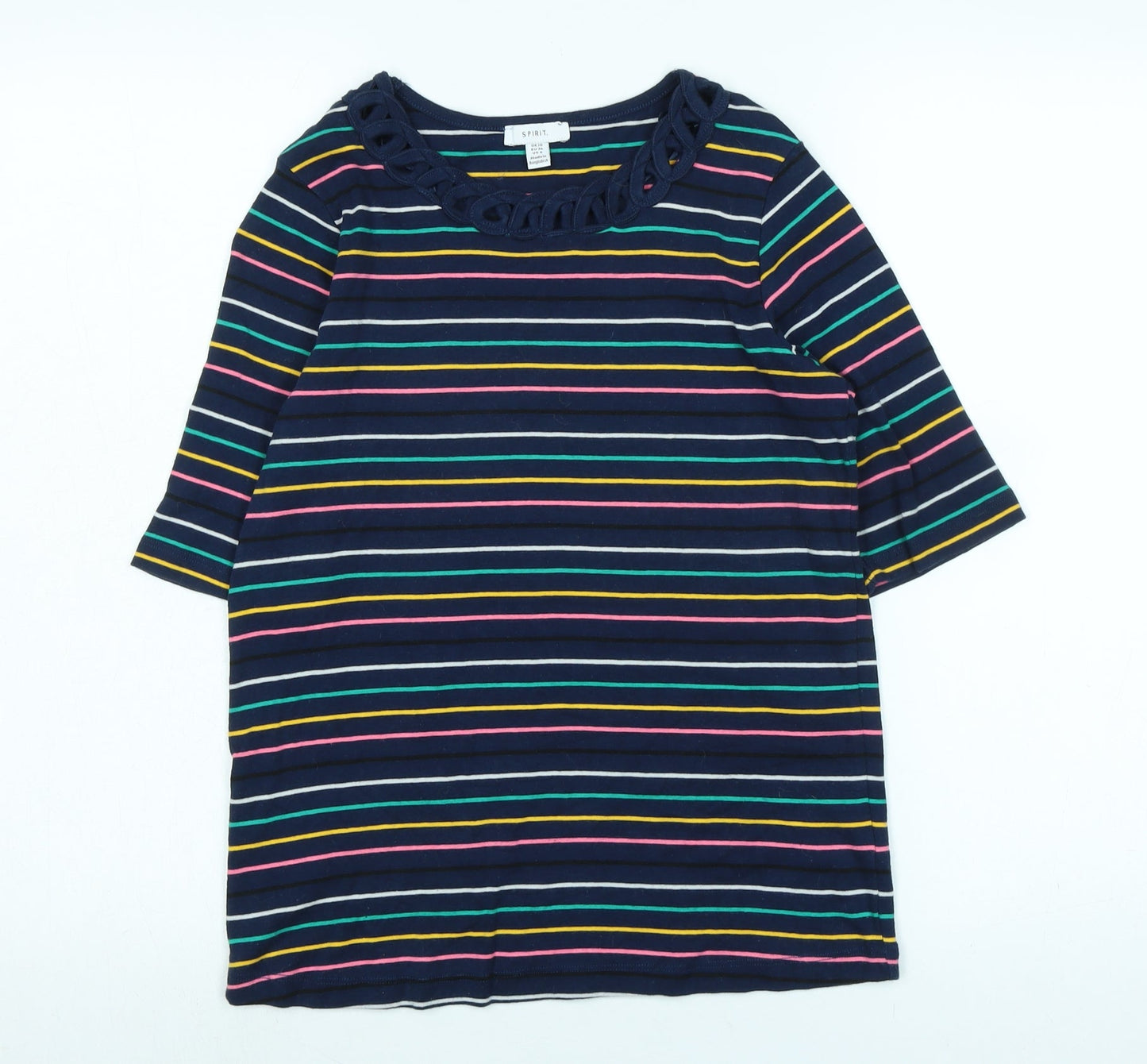 Spirit Womens Blue Striped Cotton Basic T-Shirt Size 10 Scoop Neck