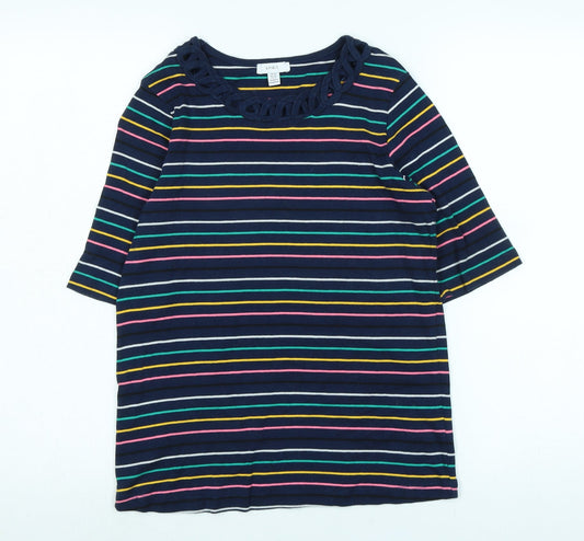 Spirit Womens Blue Striped Cotton Basic T-Shirt Size 10 Scoop Neck