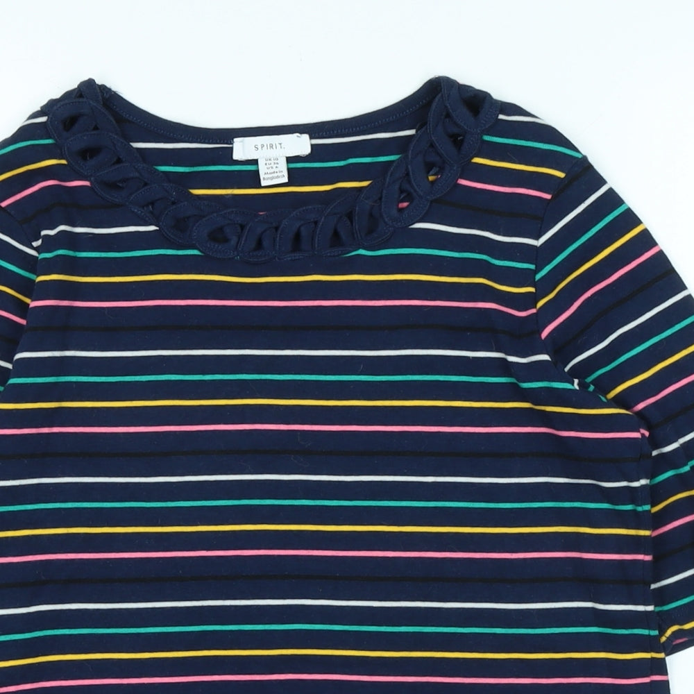 Spirit Womens Blue Striped Cotton Basic T-Shirt Size 10 Scoop Neck