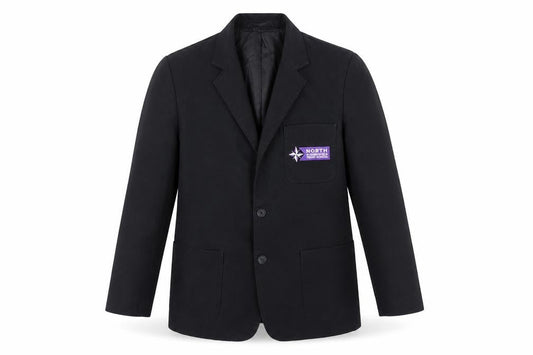 Front view of Trutex boys’ black jacket blazer, size L, button - north huddersfield trust school