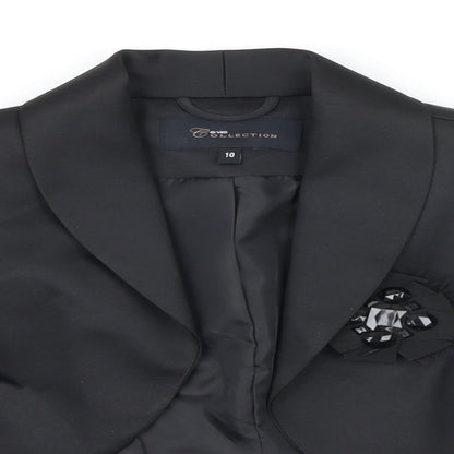 Close-up detail of Evie women’s black jacket, size UK 10
