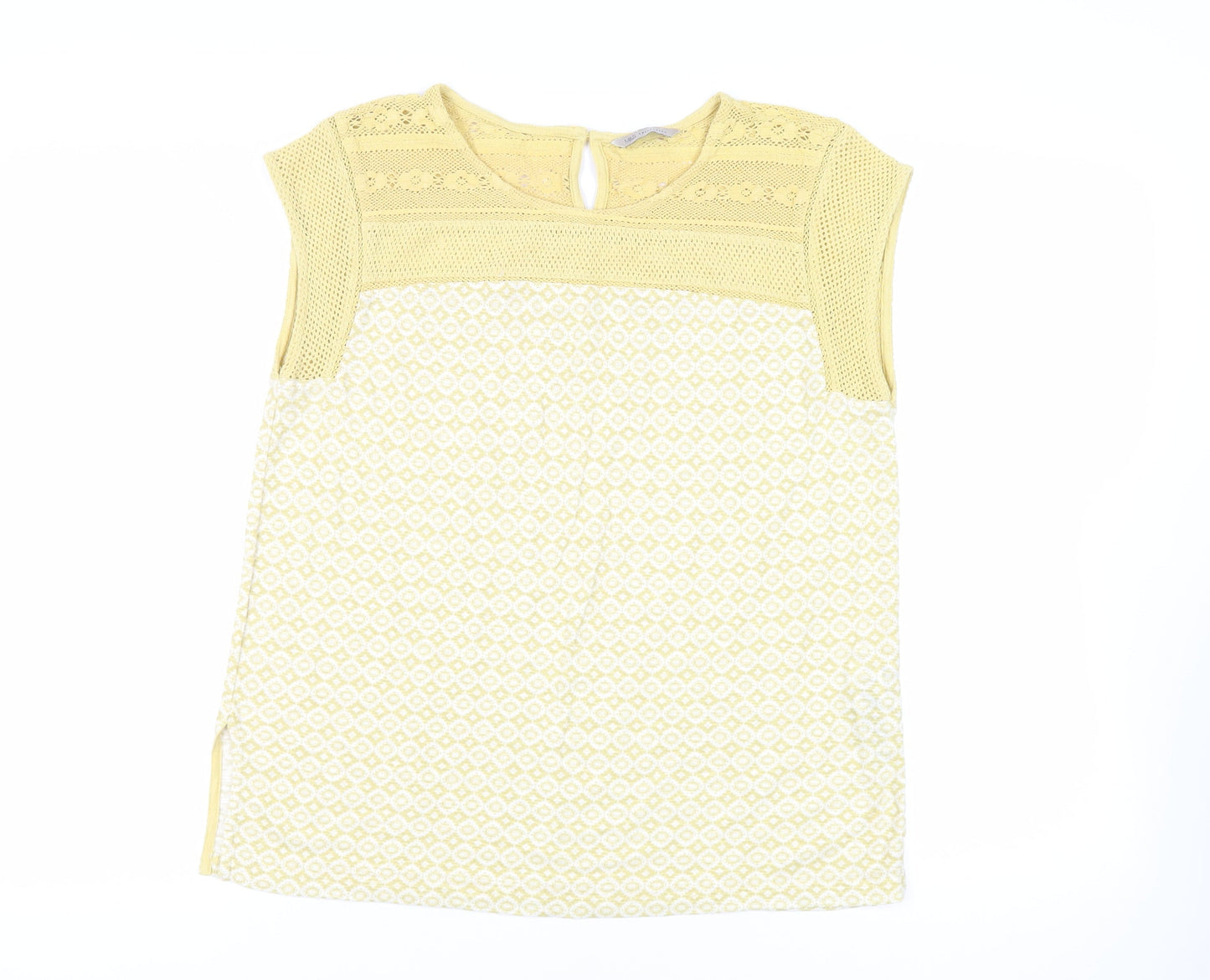 Marks and Spencer Womens Yellow Geometric Cotton Basic Blouse Size 14 Round Neck - Crochet Detail