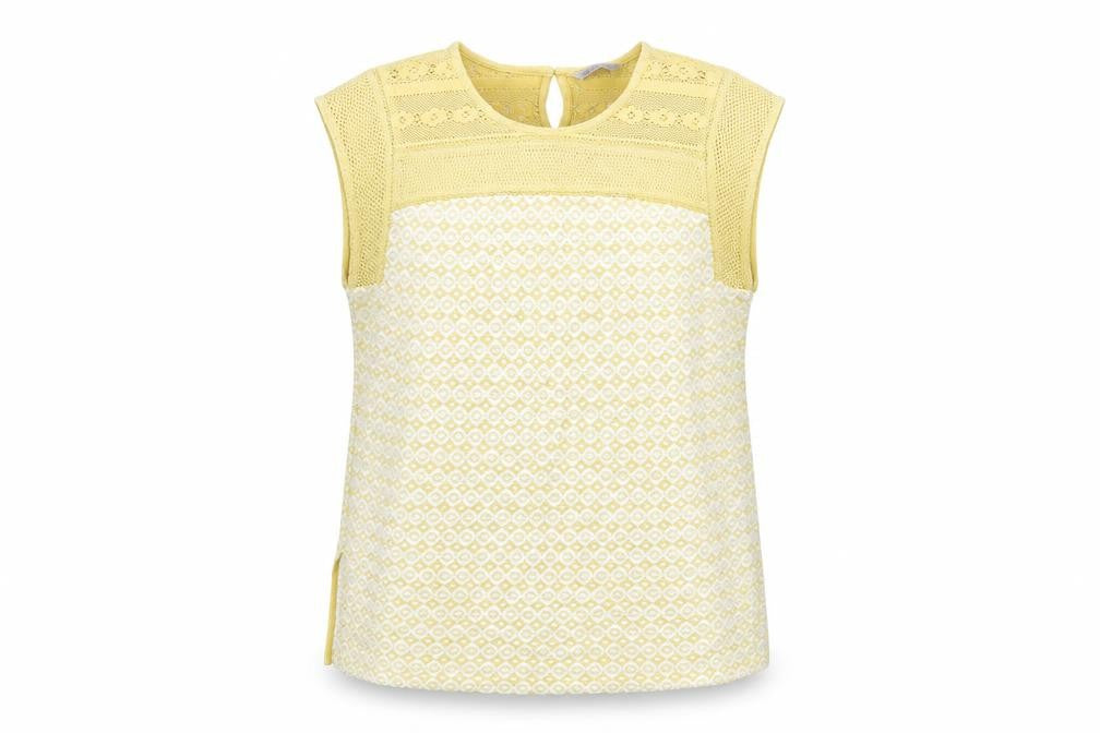 Marks & Spencer Womens Yellow Geometric Cotton Basic Blouse Size 14 Round Neck - Crochet Detail