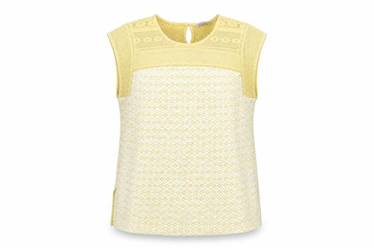 Marks & Spencer Womens Yellow Geometric Cotton Basic Blouse Size 14 Round Neck - Crochet Detail
