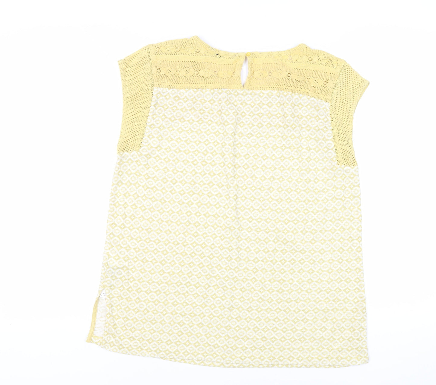 Marks and Spencer Womens Yellow Geometric Cotton Basic Blouse Size 14 Round Neck - Crochet Detail