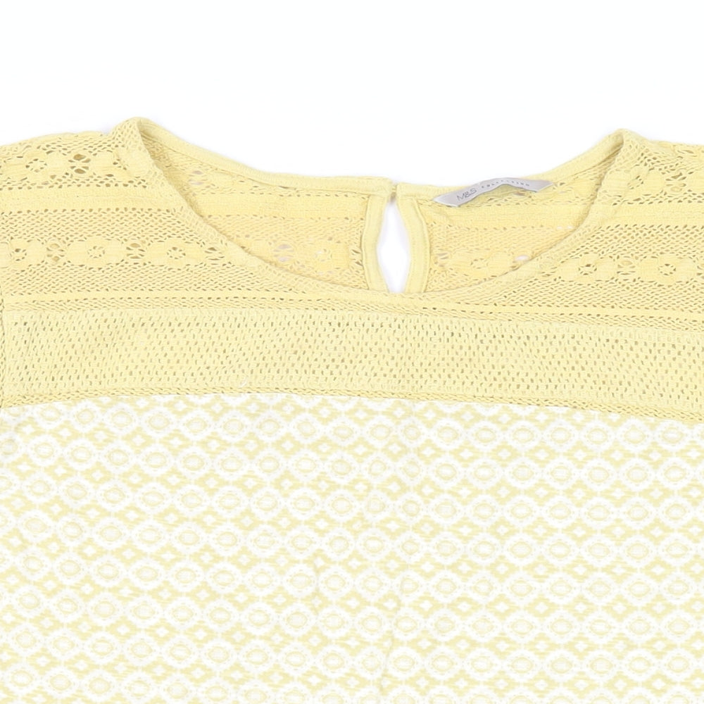 Marks and Spencer Womens Yellow Geometric Cotton Basic Blouse Size 14 Round Neck - Crochet Detail