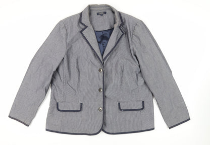 Additional front view of Maine New England women’s blue striped jacket blazer, size UK 20, button