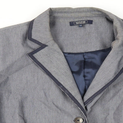 Close-up detail of Maine New England women’s blue striped jacket blazer, size UK 20, button