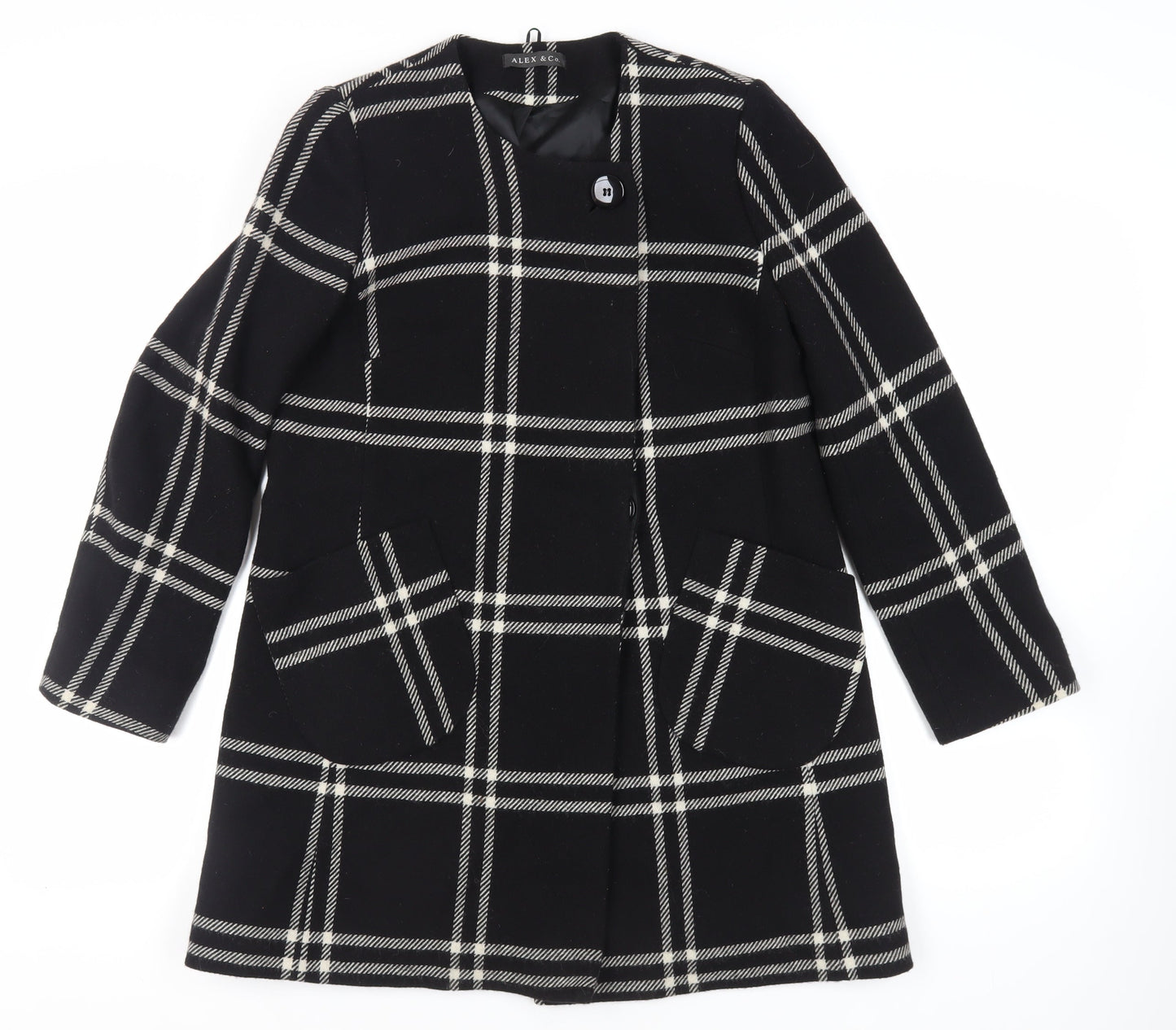 ALEX&CO Womens Black Plaid Overcoat Coat Size 10 Button