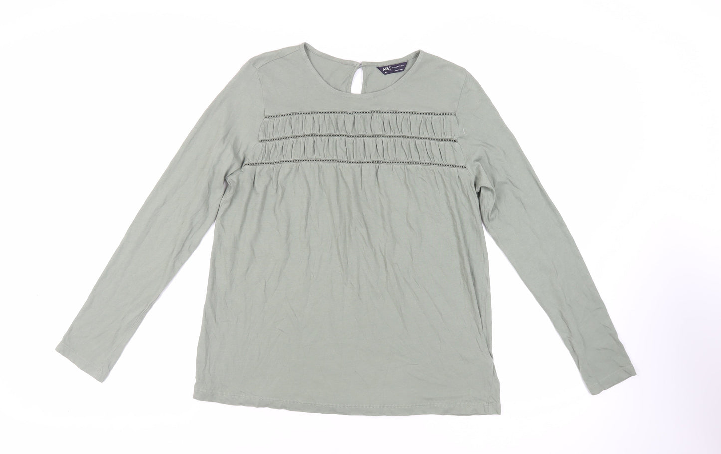 Marks and Spencer Womens Green Cotton Basic T-Shirt Size 10 Round Neck - Front Detail
