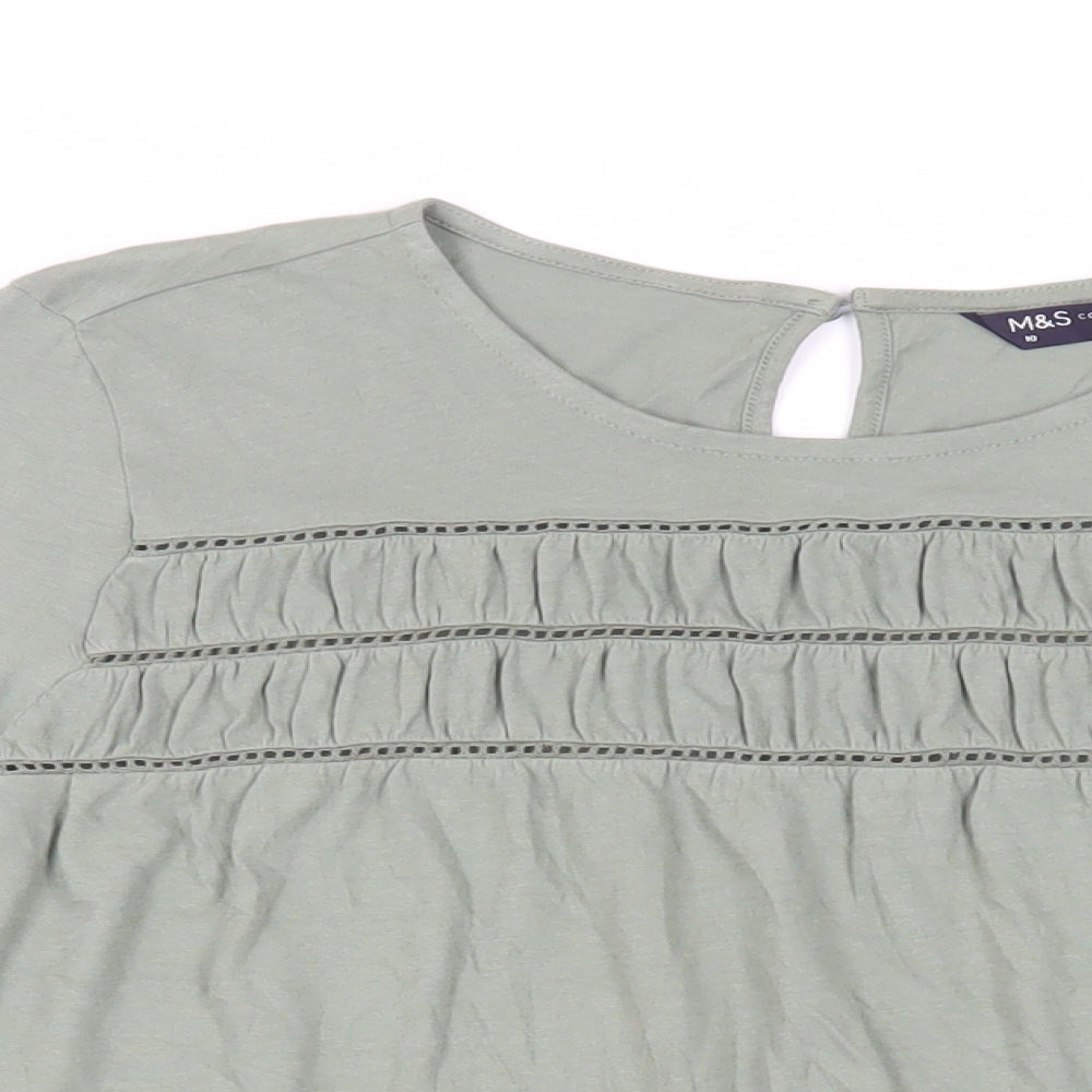 Marks and Spencer Womens Green Cotton Basic T-Shirt Size 10 Round Neck - Front Detail
