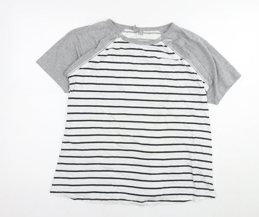 ASOS Womens White Striped Cotton Basic T-Shirt Size 10 Round Neck - Zip Detail