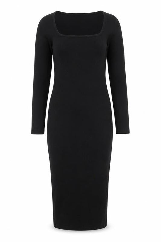 Front view of Missguided women’s black polyester bodycon, size UK 8, square neck pullover