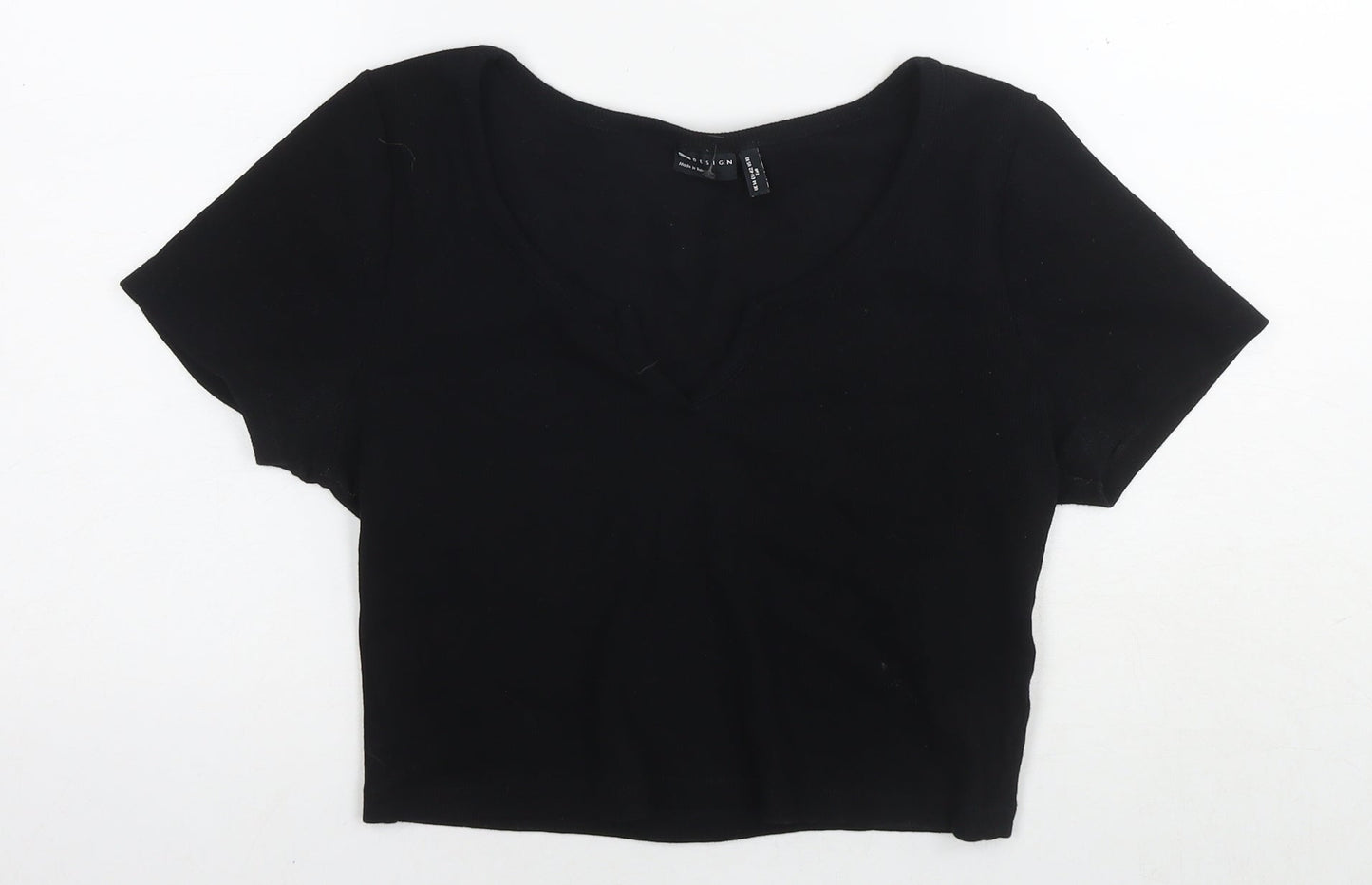 ASOS Womens Black Cotton Cropped T-Shirt Size 14 V-Neck
