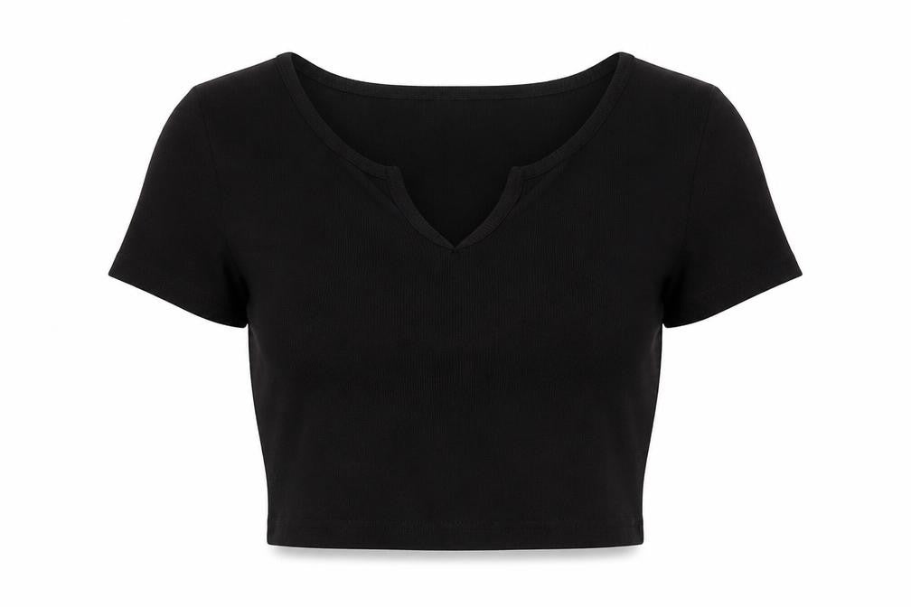 ASOS Womens Black Cotton Cropped T-Shirt Size 14 V-Neck