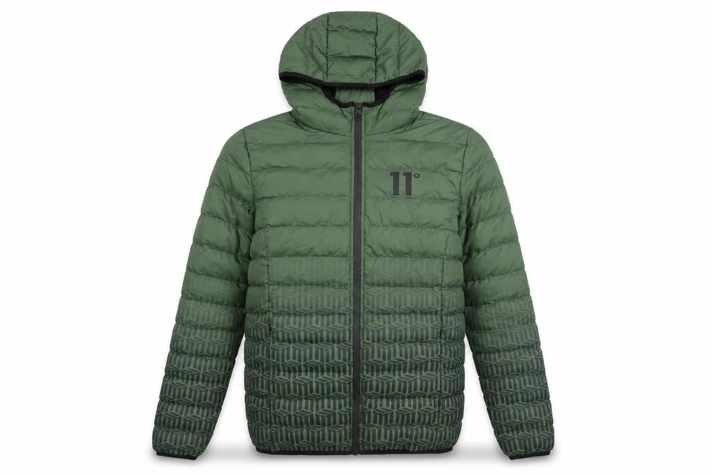 11 Degrees Mens Green Geometric Puffer Jacket Coat Size Xs Zip