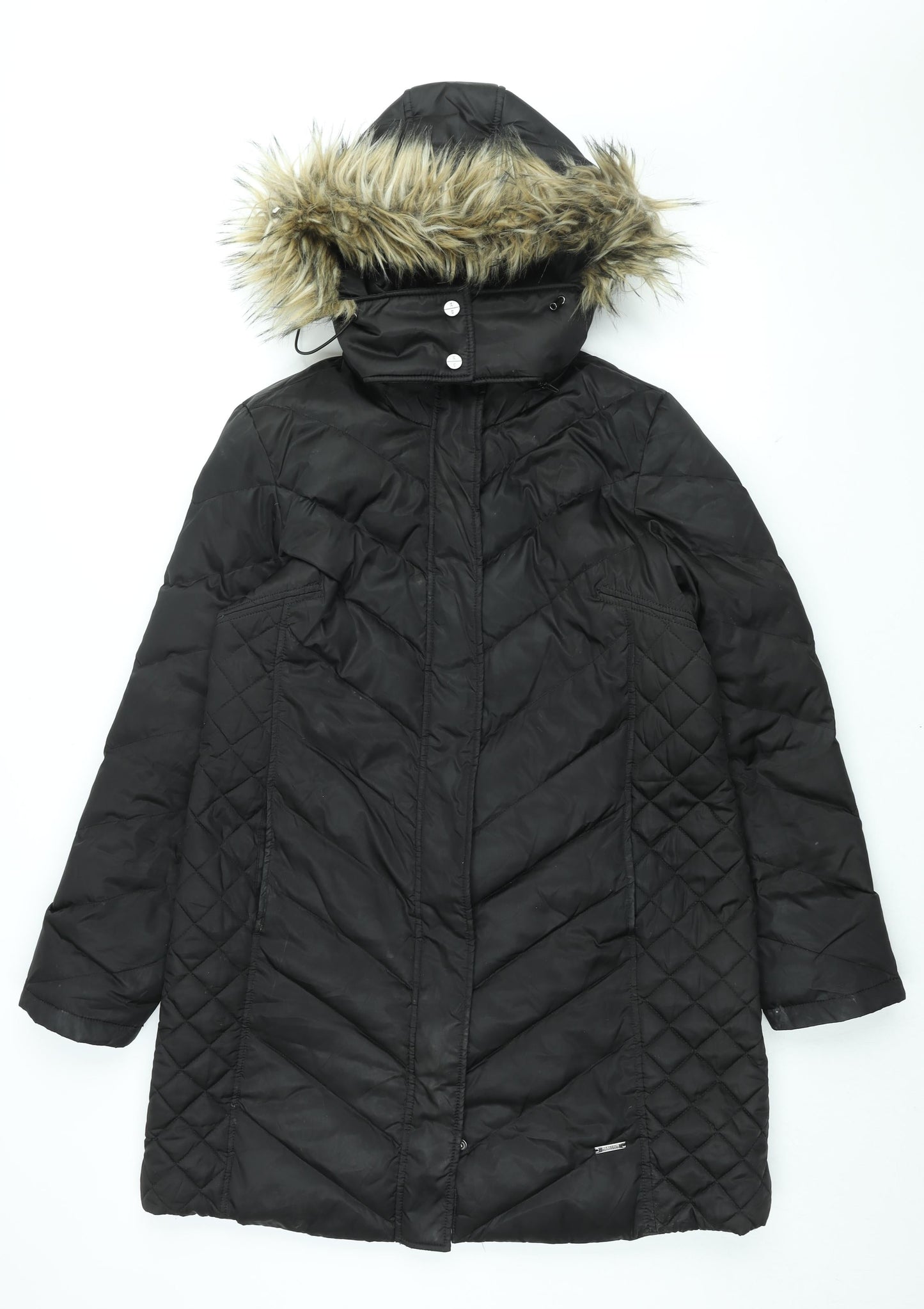 Kenneth Cole Reaction Womens Black Puffer Jacket Coat Size L Zip - Faux Fur Hood