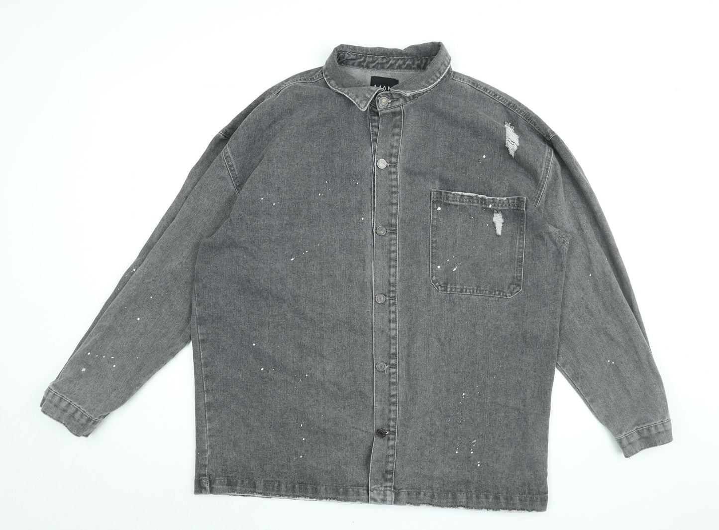 Boohoo Mens Grey Cotton Button-Up Size L Collared Button - Paint splatter effect, Distressed