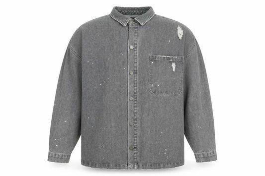 Boohoo Mens Grey Cotton Button-Up Size L Collared Button - Paint splatter effect, Distressed