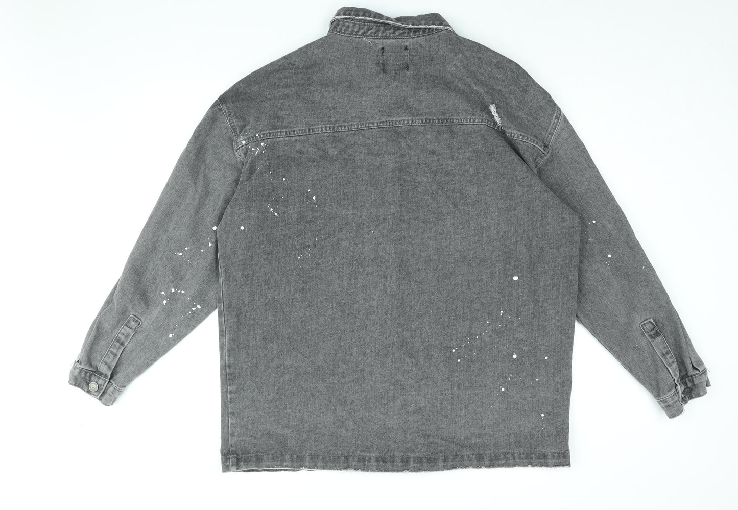 Boohoo Mens Grey Cotton Button-Up Size L Collared Button - Paint splatter effect, Distressed