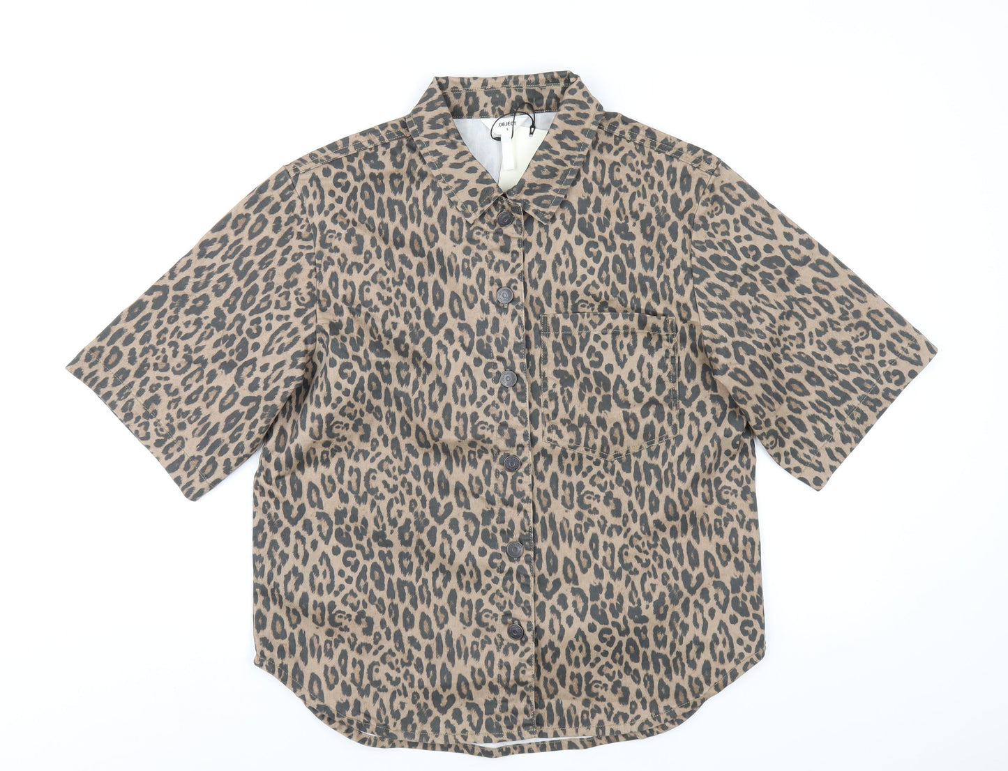 Object Womens Brown Animal Print Cotton Basic Button-Up Size S Collared - Leopard Print