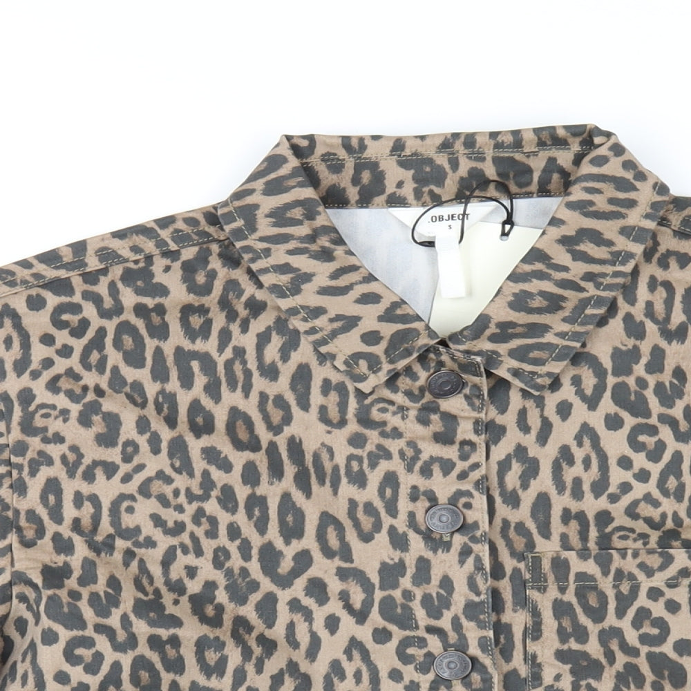 Object Womens Brown Animal Print Cotton Basic Button-Up Size S Collared - Leopard Print