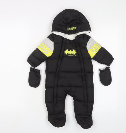 Preloved Batman Boys Black Quilted Snowsuit Size 3-6 Months Zip - Embroidered - Front