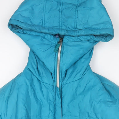 Close-up detail of Mexx women’s blue quilted coat, size UK 14, zip