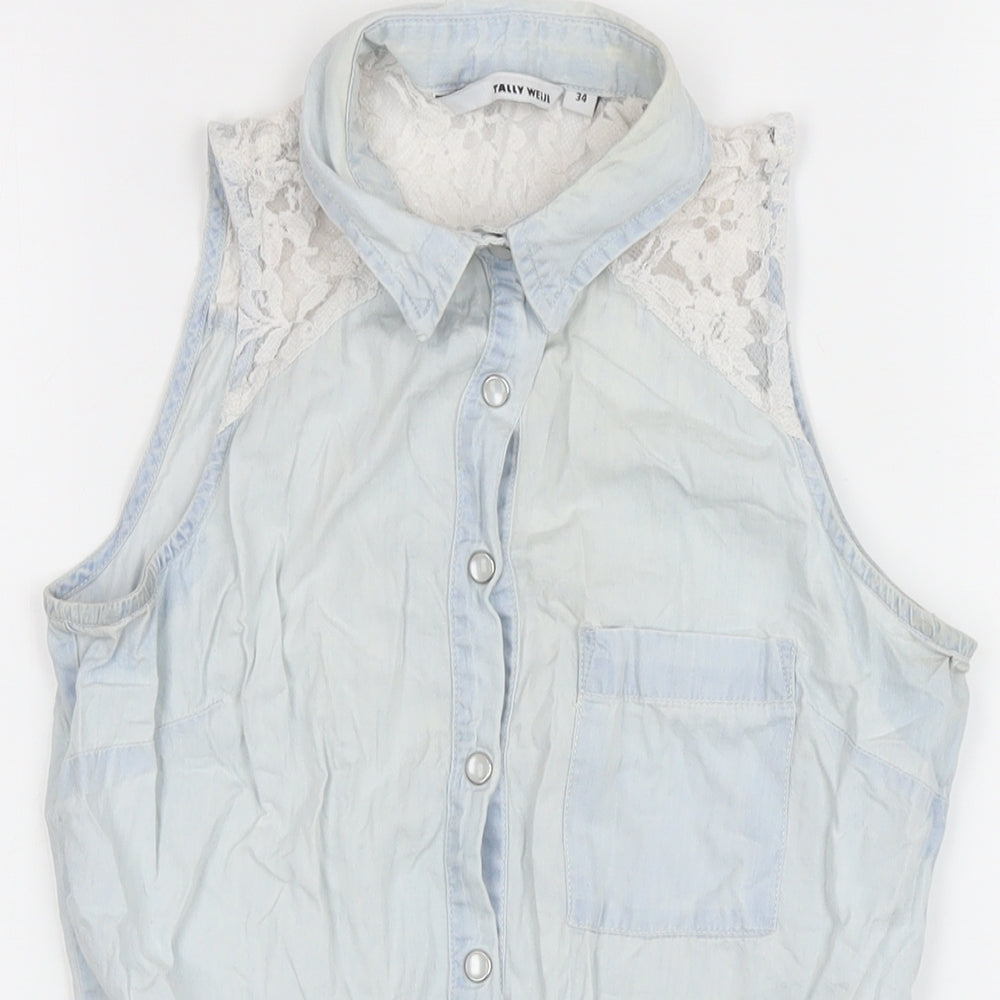TALLY WEiJL Womens Blue 100% Cotton Cropped Blouse Size 6 Collared