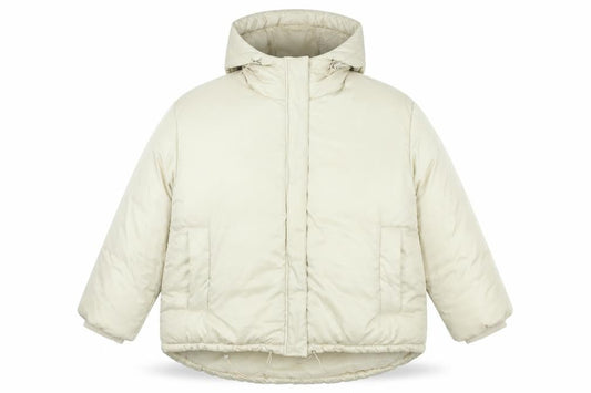 Front view of Missguided women’s beige puffer jacket coat, size UK 12, zip