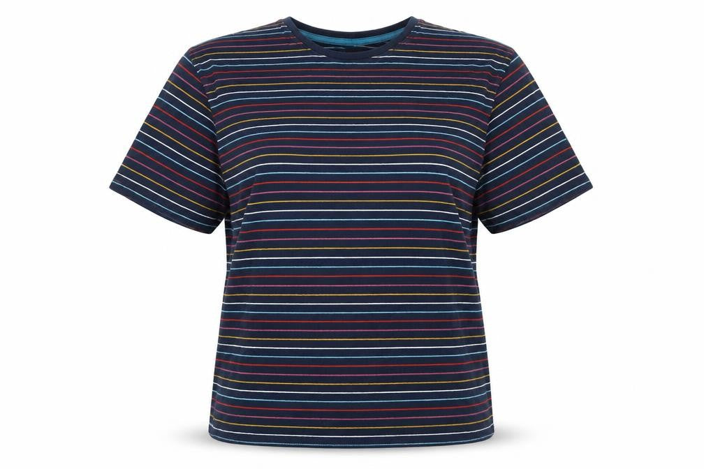 Marks & Spencer Womens Blue Striped Cotton Basic T-Shirt Size L Round Neck