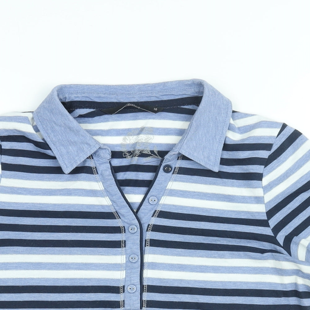 Bm Casual Womens Blue Striped Polyester Basic T-Shirt Size 10 Collared