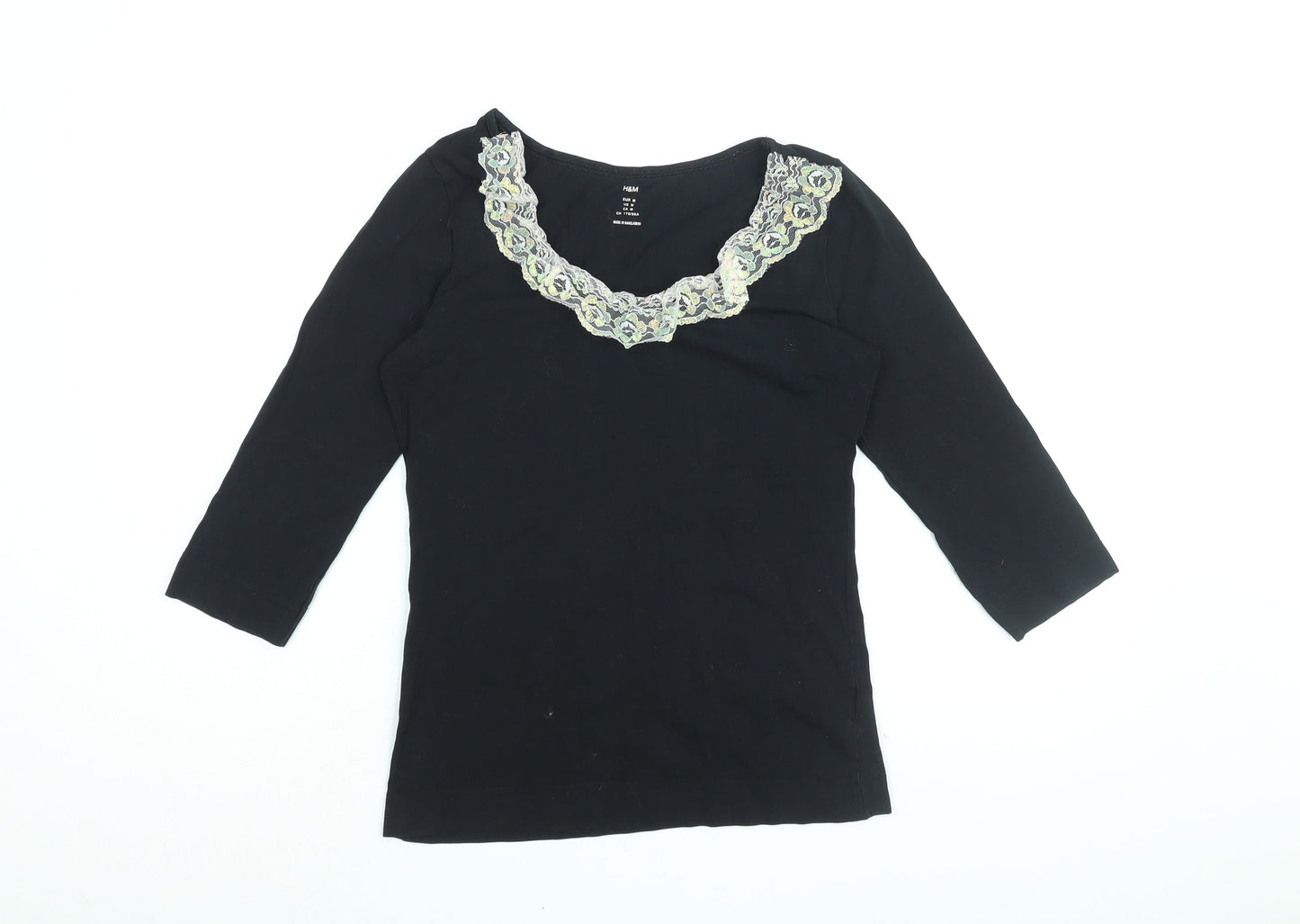 H&M Womens Black Cotton Basic T-Shirt Size M Round Neck - Frill Detail