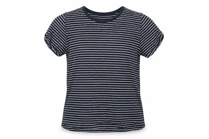 Front view of ASOS women’s blue striped cotton basic t-shirt, size UK 12, round neck