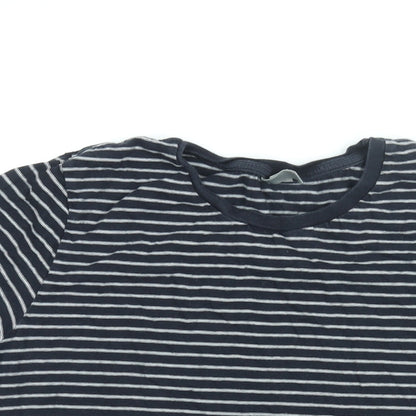 Close-up detail of ASOS women’s blue striped cotton basic t-shirt, size UK 12, round neck