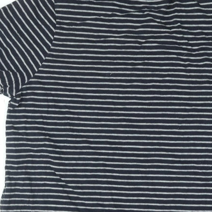 Brand and care label for ASOS women’s blue striped cotton basic t-shirt, size UK 12, round neck