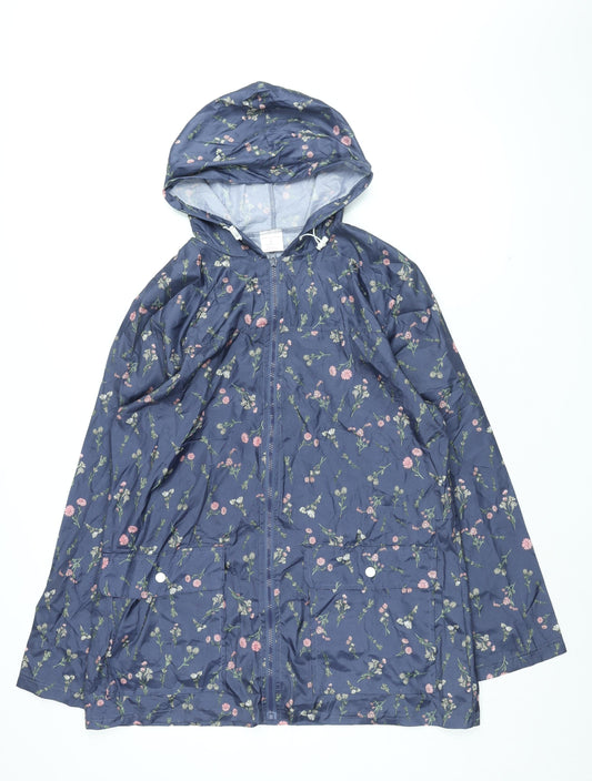 Anne De Lancay Womens Blue Floral Rain Coat Coat Size M Zip