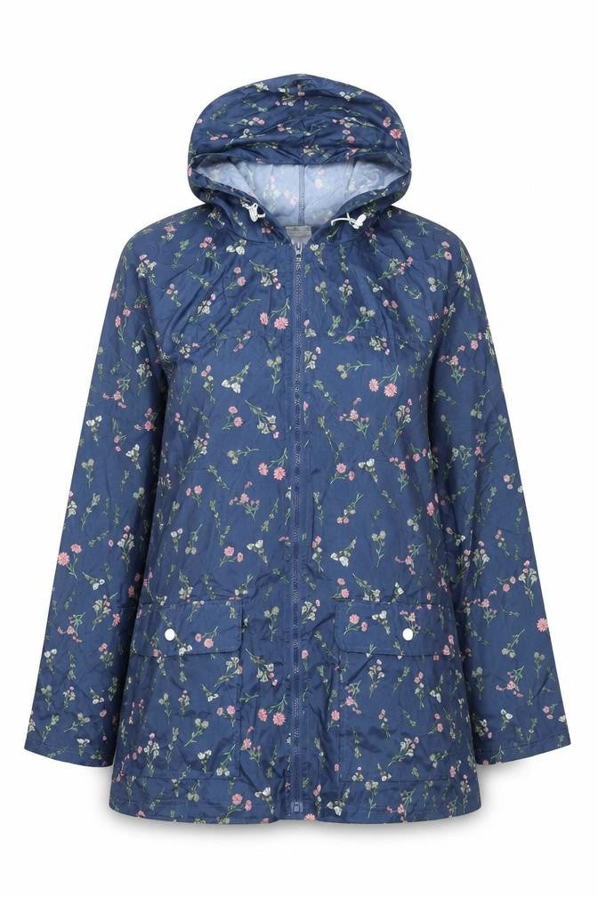 Anne De Lancay Womens Blue Floral Rain Coat Coat Size M Zip