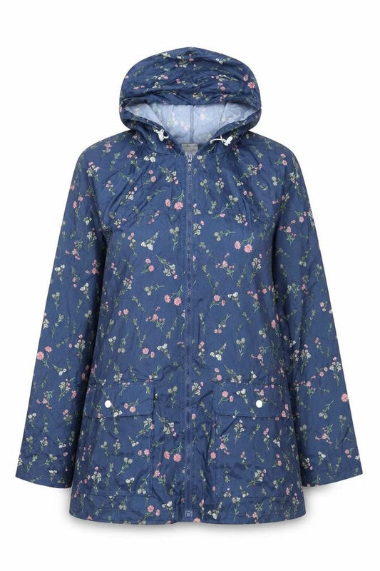 Front view of Anne De Lancay women’s blue floral rain coat coat, size M, zip