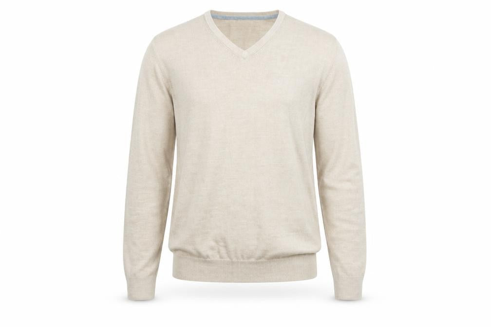Easy Mens Beige V-Neck Acrylic Pullover Jumper Size M Long Sleeve