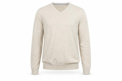 Front view of Easy men’s beige v-neck acrylic jumper, size M, long sleeve