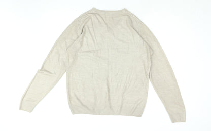 Back view of Easy men’s beige v-neck acrylic jumper, size M, long sleeve