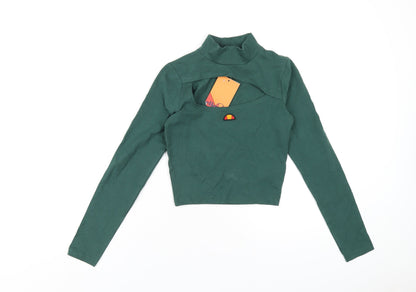 Additional front view of Ellesse women’s green cotton basic t-shirt, size UK 8, mock neck
