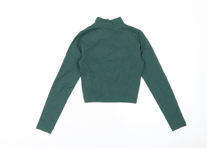 Back view of Ellesse women’s green cotton basic t-shirt, size UK 8, mock neck
