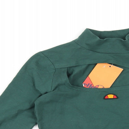 Close-up detail of Ellesse women’s green cotton basic t-shirt, size UK 8, mock neck