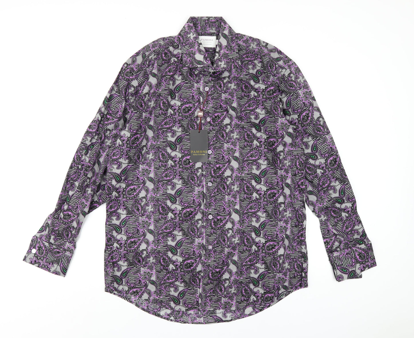 Pamoni Mens Multicoloured Geometric Cotton Button-Up Size 16 Collared Button