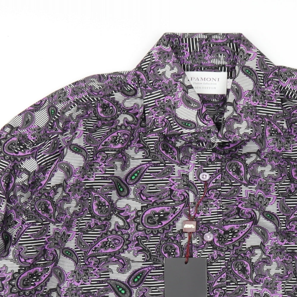 Pamoni Mens Multicoloured Geometric Cotton Button-Up Size 16 Collared Button