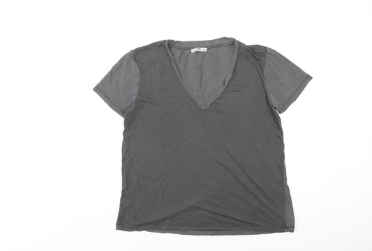 Zara Womens Grey Polyester Basic T-Shirt Size S V-Neck